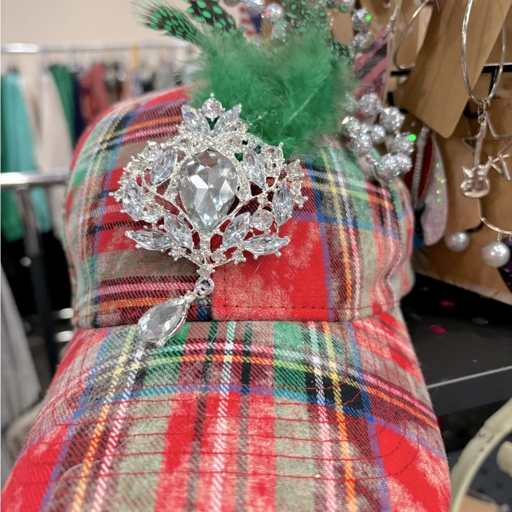 Distressed Christmas plaid cap, embellished with rhinestone and Christmas decor.